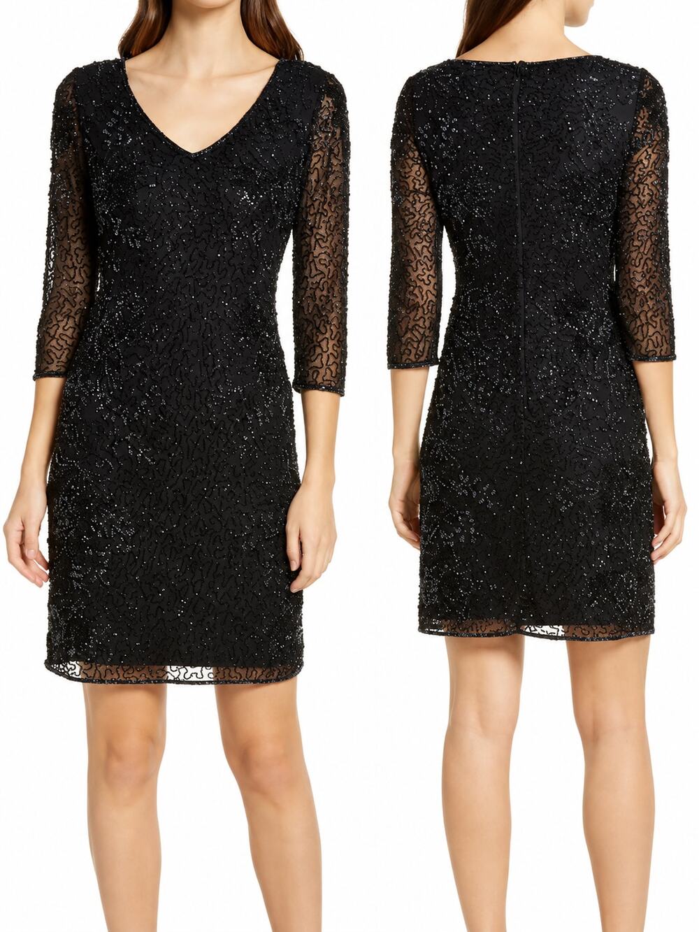 Pisarro Nights Beaded V-Neck Dress V-Neck Mini Sparkle Sheath Formal Black